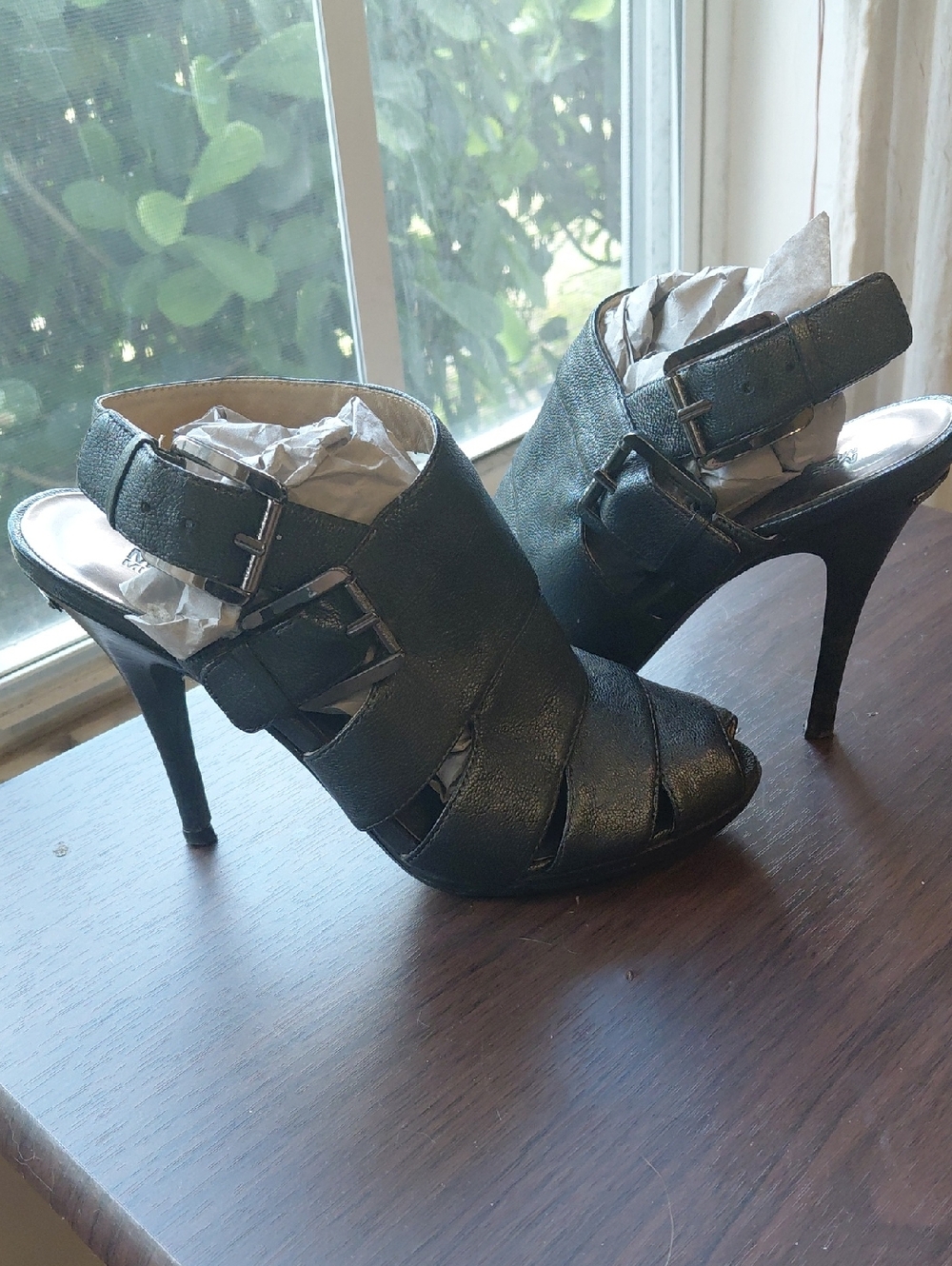 Michael Kors Black Strappy Open-Toe High Heel Booties Leather Logo 8